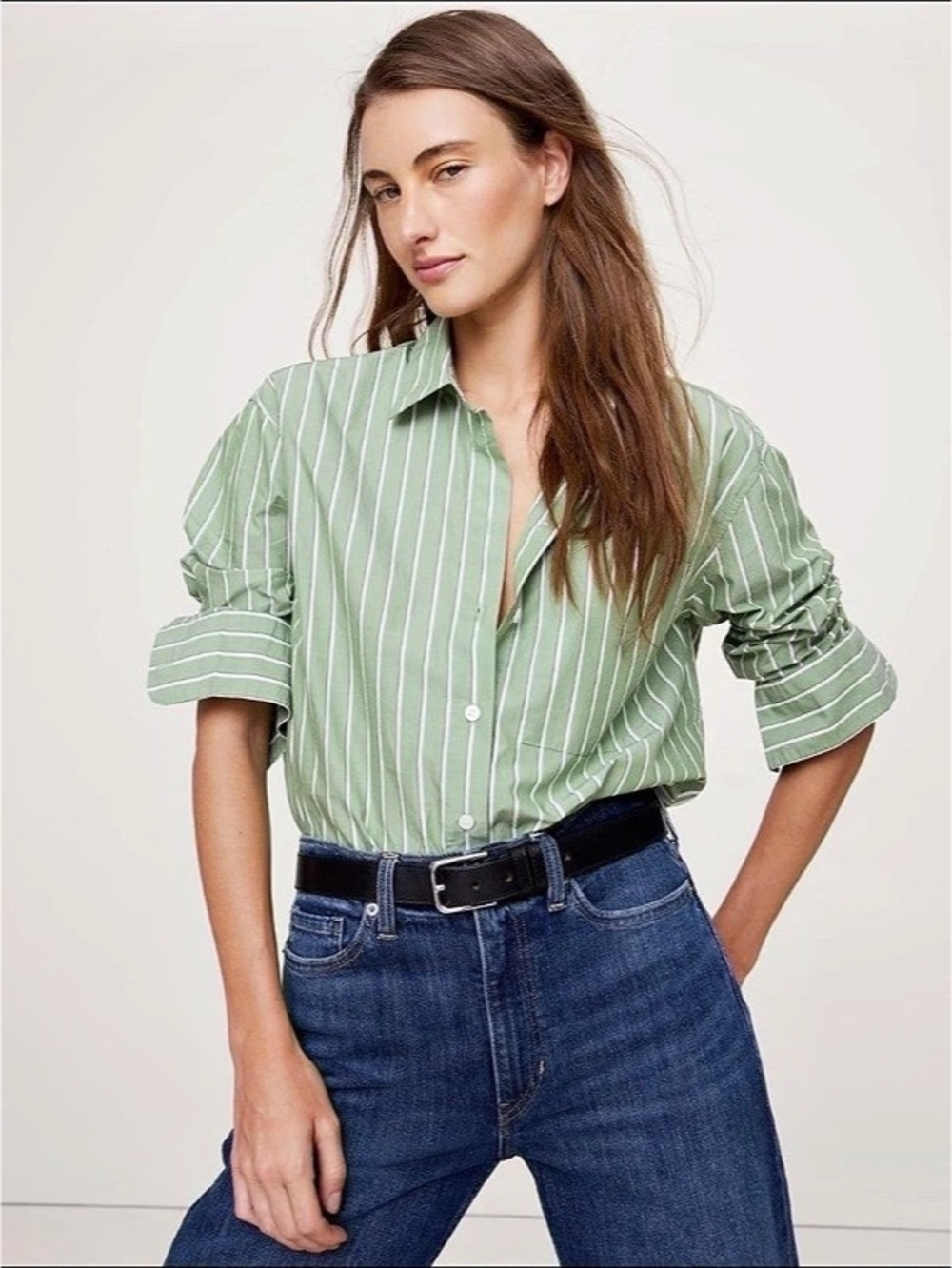 Banana Republic Oversized Shirt Striped Button Down Green & White XS